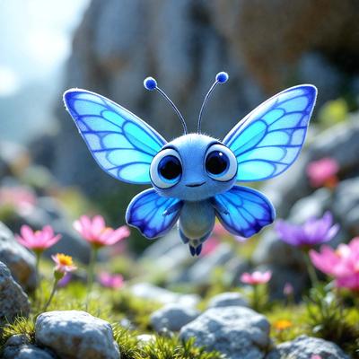 The primary subject of the image is a small, colorful butterfly with blue wings. The butterfly is flying in a field of flowers, which adds a vibrant and lively atmosphere to the scene. The setting appears to be a natural environment, with rocks and flowers scattered throughout the area. The visual style of the image is a combination of photo and digital art, creating a realistic yet whimsical appearance. The colors and mood of the image are predominantly blue and pink, reflecting the beauty of